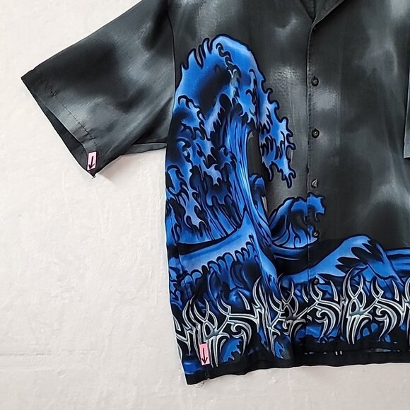 C-Two Mens XXL Hawaiian Shirt Black Gray Blue Wave Graphic Graffiti Design - Picture 8 of 14